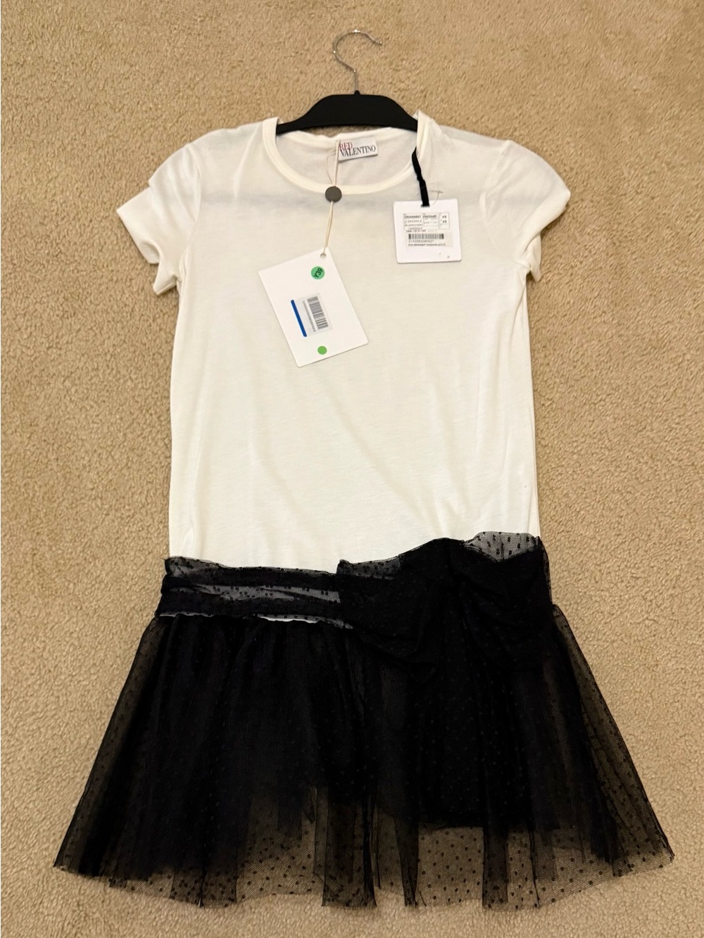 New! RED Valentino White Top with Black Swiss Dot Tulle Skirt Dress -XS